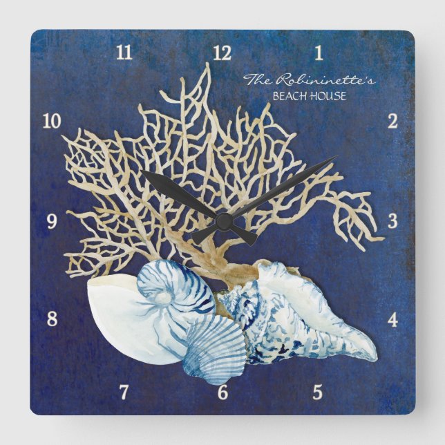 Indigo Ocean Crab Seashells Nautical Beach House Fyrkantig Klocka (Framsida)