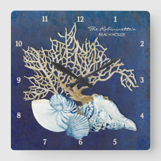 Indigo Ocean Crab Seashells Nautical Beach House Fyrkantig Klocka