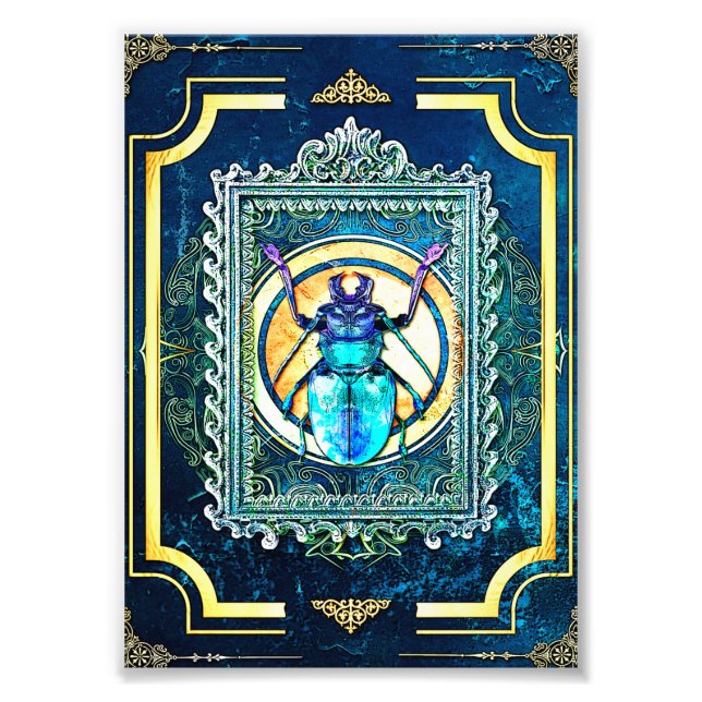 Indigo och Aqua Fairytale Beetle Specimen Art Fototryck (Framsidan)