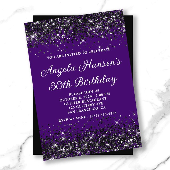 Indigo och Black Glitter 30års födelsedag Inbjudningar (Indigo and Black Glitter 30th Birthday Invitation)
