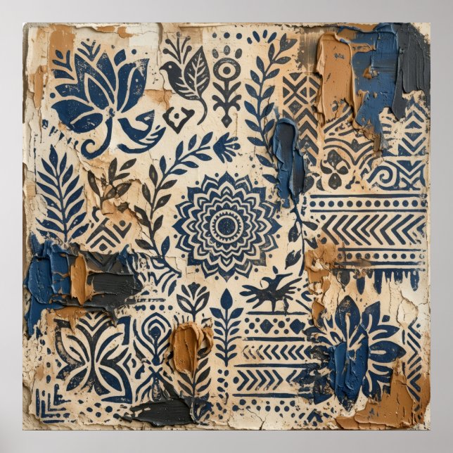 Indigo Ochre Folk Pattern Affisch (Framsidan)