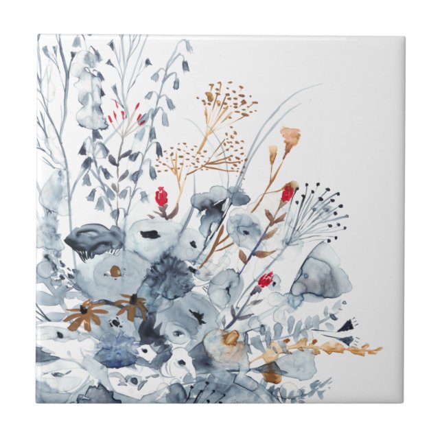 Indigo & Ochre - Vattenfärgsblommor Kakelplatta (Framsidan)