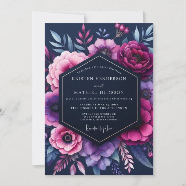 Indigo Opulent Bloom Wedding Inbjudningar (Framsida)