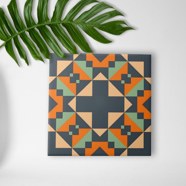 Indigo Orange Teal Beige Geometric Ethnic Tribal Kakelplatta (Skapare uppladdad)