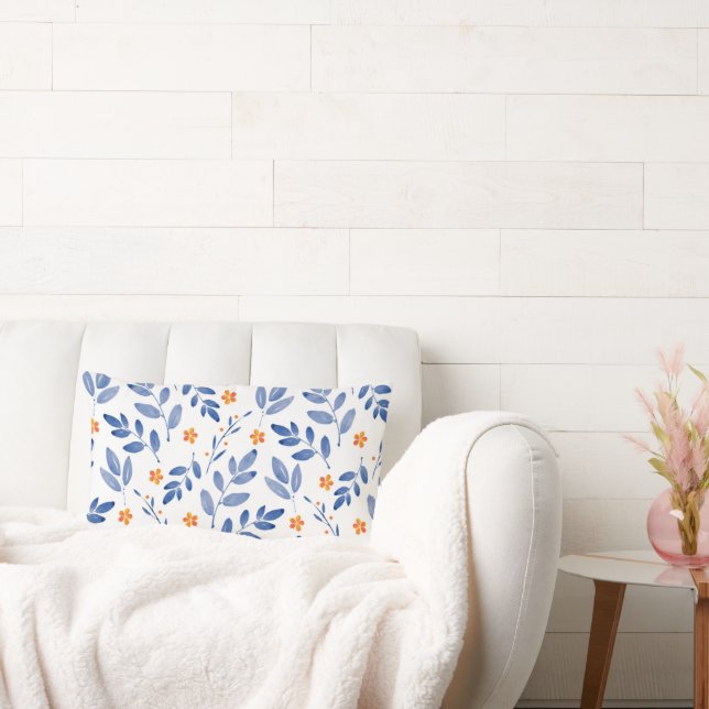 Indigo & Orange Watercolor Botanical Mönster Lumbarkudde (Soffa)