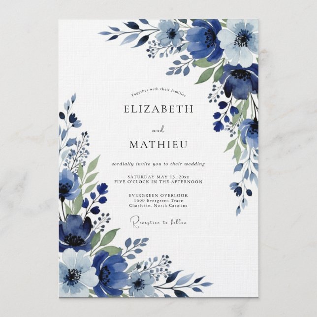 Indigo Painterly Floral Wedding Inbjudningar (Framsida)