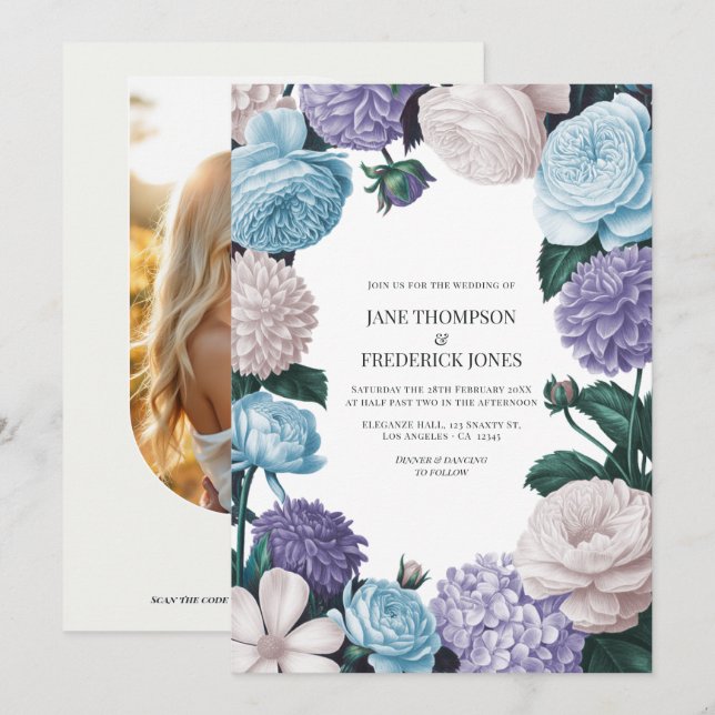 Indigo Petal, Blue Hydrangea & Frost Pearl Wedding Inbjudningar (Fram/baksida)
