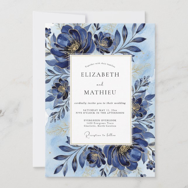 Indigo Regal Peony Bröllop Inbjudningar (Framsida)