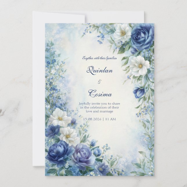 Indigo Rose Dimma Watercolor Kant Bröllop Inbjudningar (Framsida)