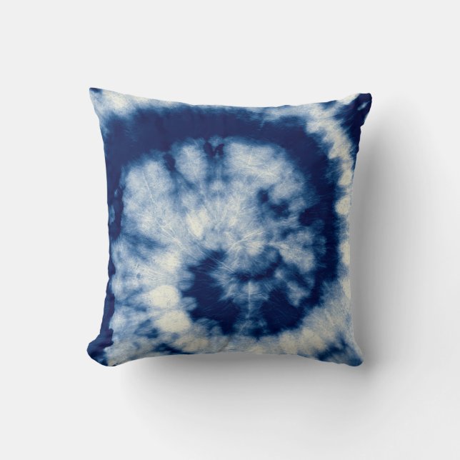 Indigo Round. Bohemian Tie Dye. Blue Roll Psychede Kudde (Framsida)