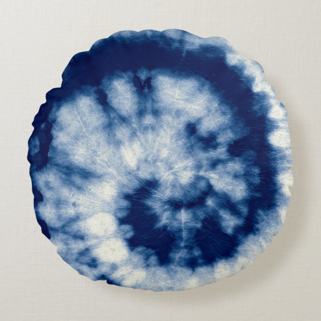 Indigo Round. Bohemian Tie Dye. Blue Roll Psychede Rund Kudde (Framsidan)