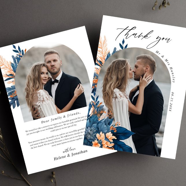 Indigo Rust Blommigt Bröllop Photo Tack Kort (Indigo Rust Floral Wedding Photo Thank You Card)