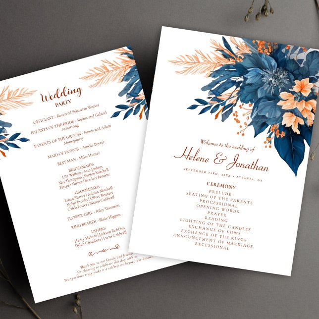 Indigo Rust Modern Blommigt Boho Elegant bröllop Program (Indigo Rust Modern Floral Boho Elegant Wedding Program)