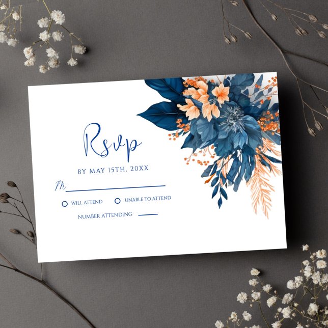 Indigo Rust Modern Blommigt Bröllop OSA Kort (Indigo Rust Modern Floral Wedding RSVP Card)