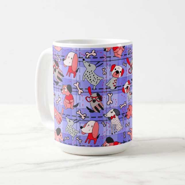 Indigo-rutig kaffemugg - Rött/Svart Hundtryck (Framsida vänster)