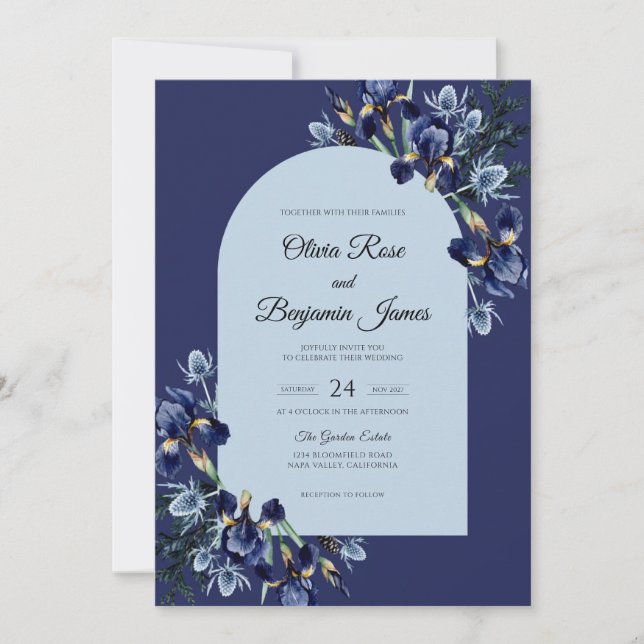 Indigo Sapphire Bloom Bröllop Inbjudningar (Framsida)