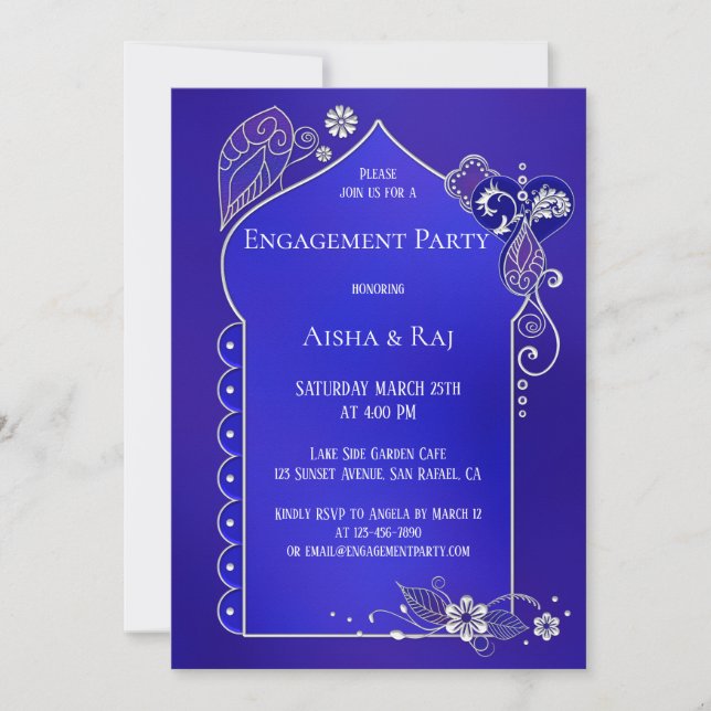 Indigo Silver Henna Mehndi-inbjudan till Förlovnin Inbjudningar (Framsida)