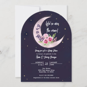 Indigo Stjärnfall Rosa Blommig Måne Baby Shower Inbjudningar