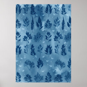 Indigo Tång Herbarium Cyanotyp Mönster Affisch