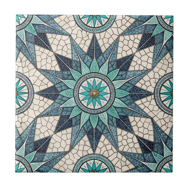 Indigo Teal Compass Mosaic – Stained Glass Kakelplatta (Framsidan)