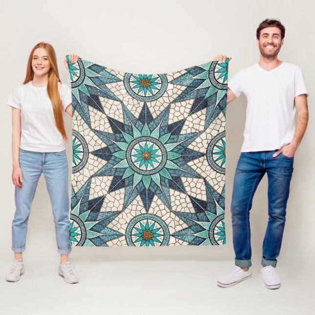 Indigo Teal Kompassmosaik – Glasmosaik Fleecefilt (På plats)