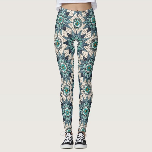 Indigo Teal Kompassmosaik – Glasmosaik Leggings (Framsida)