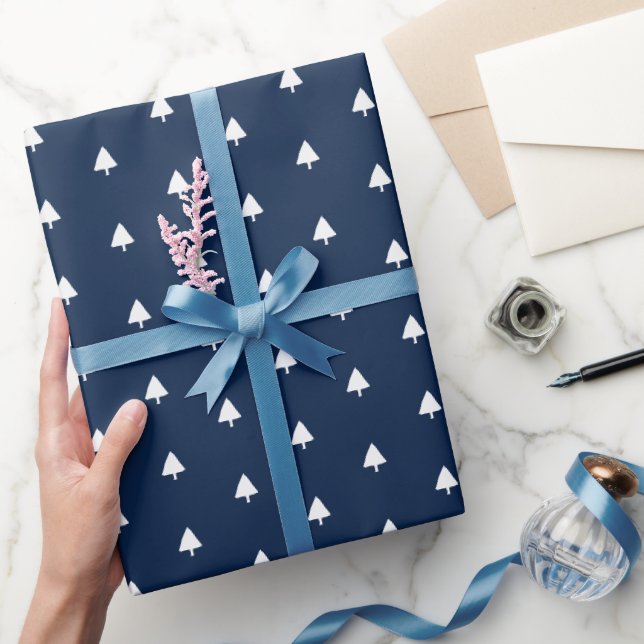 Indigo Vinter Träd Vattenfärg Mönster Presentpapper (Gifting)
