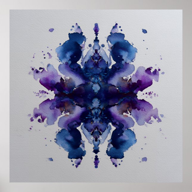 Indigo Violett Symmetriskt Akvarellmandala Poster (Framsidan)