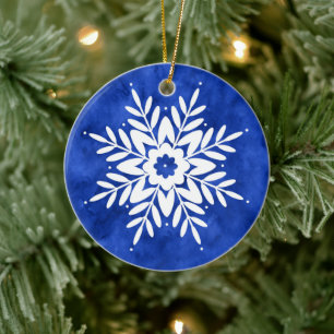 Indigo Watercolor Abstrakt Snowflake Julgransprydnad Keramik