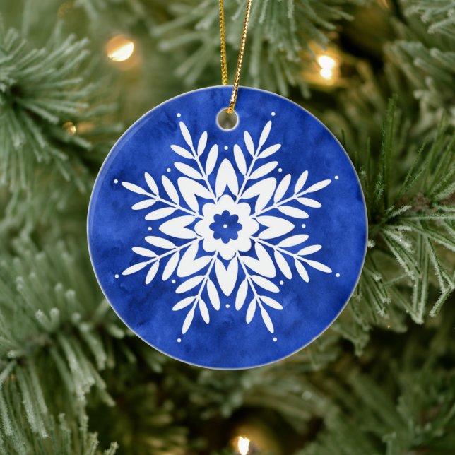 Indigo Watercolor Abstrakt Snowflake Julgransprydnad Keramik (Träd)