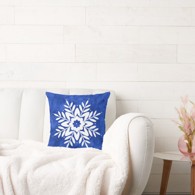 Indigo Watercolor Abstrakt Snowflake Kudde (Soffa)