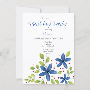 Indigo Watercolor Blommigt Bouquet Inbjudningar