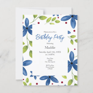 Indigo Watercolor Blommigt Bouquet Mönster Inbjudningar