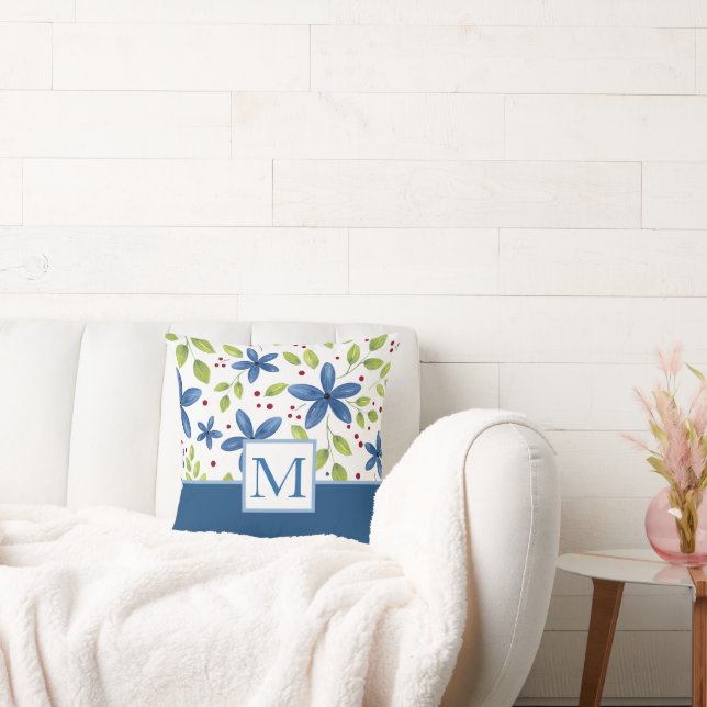 Indigo Watercolor Blommigt Bouquet Mönster Kudde (Soffa)