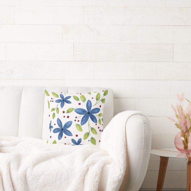 Indigo Watercolor Blommigt Bouquet Mönster Kudde (Soffa)