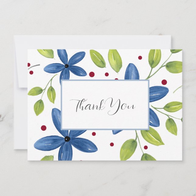 Indigo Watercolor Blommigt Bouquet Tack Kort (Framsida)