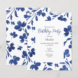 Indigo Watercolor Flower Stems Inbjudningar