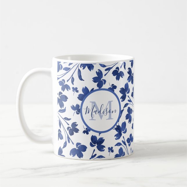 Indigo Watercolor Flower Stems Kaffemugg (Vänster)