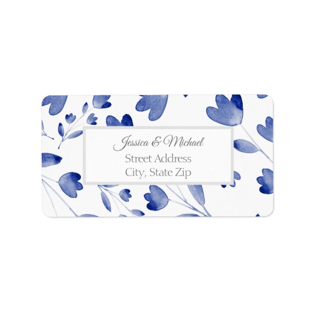 Indigo Watercolor Flower Stems Mönster Adressetikett (Framsidan)