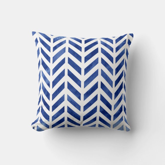 Indigo Watercolor Herringbone Chevron Kudde (Framsida)