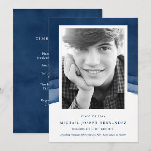 Indigo Watercolor Studenten Photo Announcement Inbjudningar