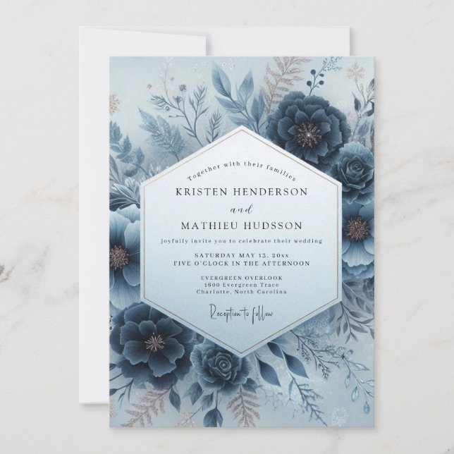 Indigo Wintry Flora Wedding Inbjudningar (Framsida)