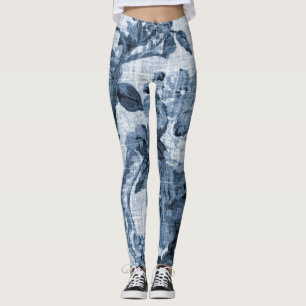 Indigoblå blåttsvart & vitvintage blom- Toile 4 Leggings
