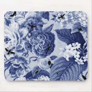 Indigoblå blåttvintage botaniska blom- Toile & b Musmatta