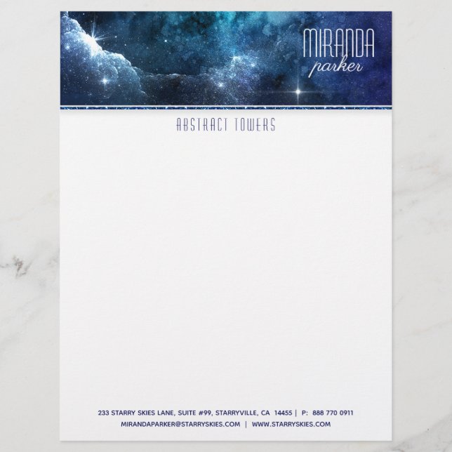 Indigoblå brevhuvud för Starfield stjärnagalax (Framsida)