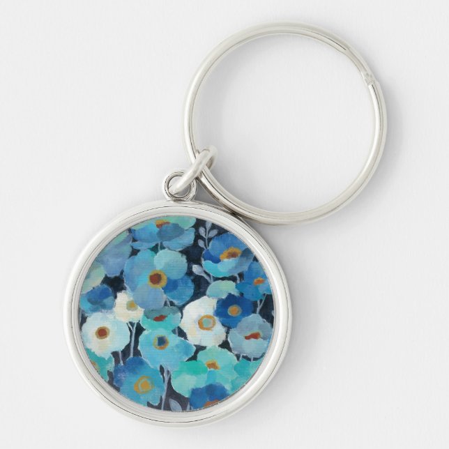 Indigoblåttblommor Rund Silverfärgad Nyckelring (Framsidan)