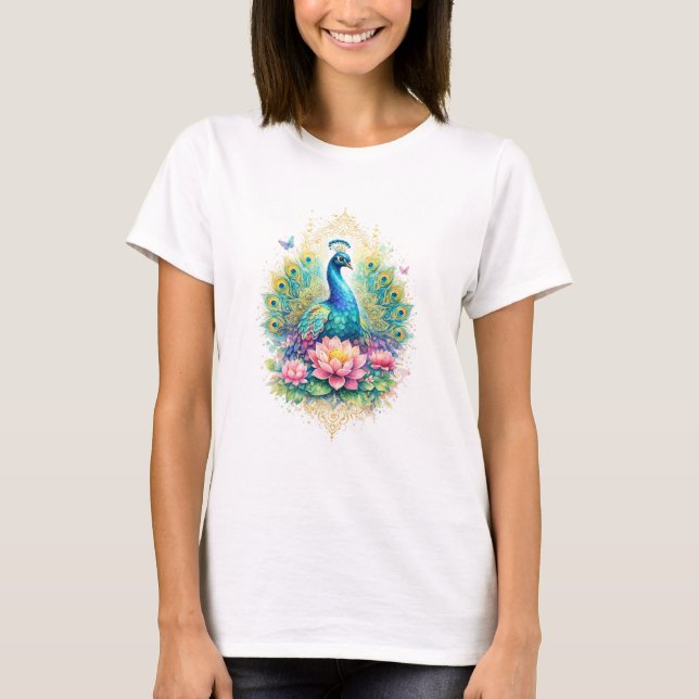 Indischer Frühling - Pfau mit Lotus & Gold T Shirt (Framsida)