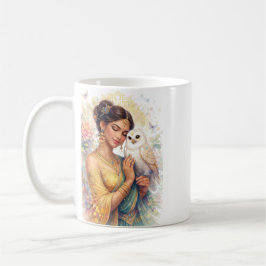 Indischer Frühling - Porträt Frau mit Eule Kaffemugg