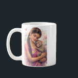 Indischer Frühling - Porträt Mädchen mit Äffchen Kaffemugg<br><div class="desc">Ein herzzerreißendes Motiv: Ein junges Mädchen hält behutsam ein kleines Äffchen im Arm. Umrahmt von indischer Ästhetik und sanften Frühlingsfarben. Ein Design von Anja und Sarah Designs.</div>