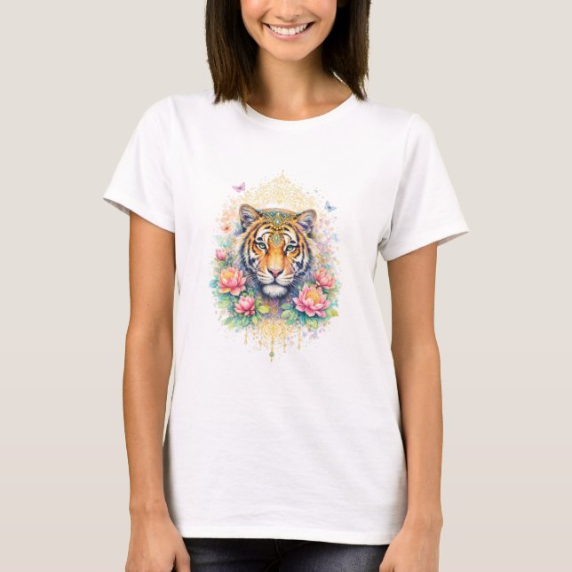 Indischer Frühling - Tiger mit Lotus & Gold T Shirt (Framsida)